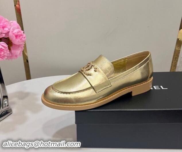 Top Grade Chanel Calfskin Loafers with Strass CC Gold 1017055