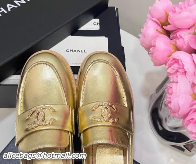 Top Grade Chanel Calfskin Loafers with Strass CC Gold 1017055