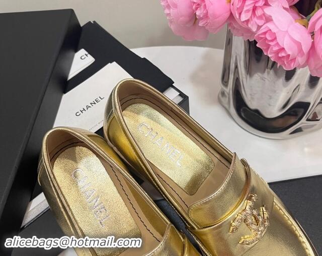 Top Grade Chanel Calfskin Loafers with Strass CC Gold 1017055