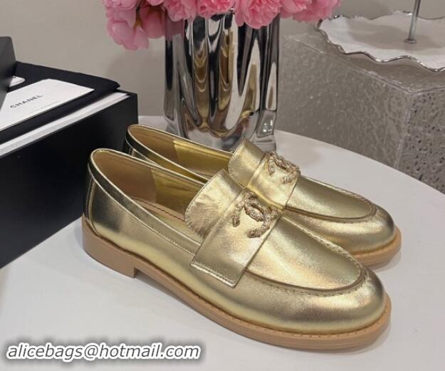 Top Grade Chanel Calfskin Loafers with Strass CC Gold 1017055