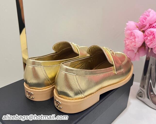 Top Grade Chanel Calfskin Loafers with Strass CC Gold 1017055