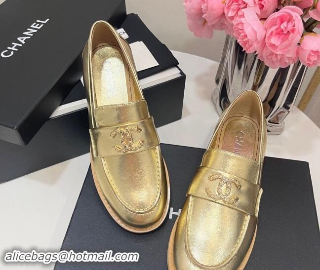 Top Grade Chanel Calfskin Loafers with Strass CC Gold 1017055