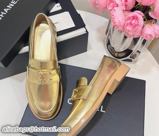 Top Grade Chanel Calfskin Loafers with Strass CC Gold 1017055