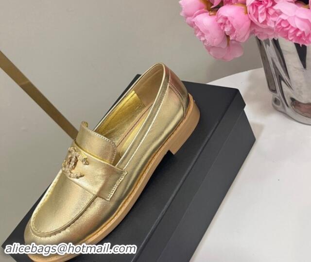 Top Grade Chanel Calfskin Loafers with Strass CC Gold 1017055