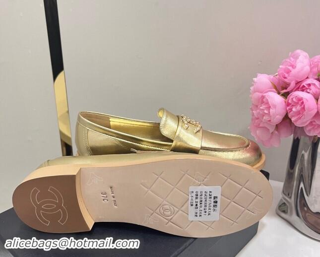 Top Grade Chanel Calfskin Loafers with Strass CC Gold 1017055