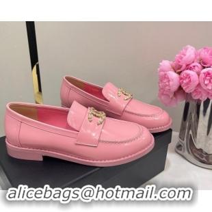 Best Price Chanel Patent Calfskin Loafers with Strass CC Pink 1017056