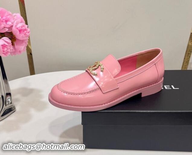 Best Price Chanel Patent Calfskin Loafers with Strass CC Pink 1017056