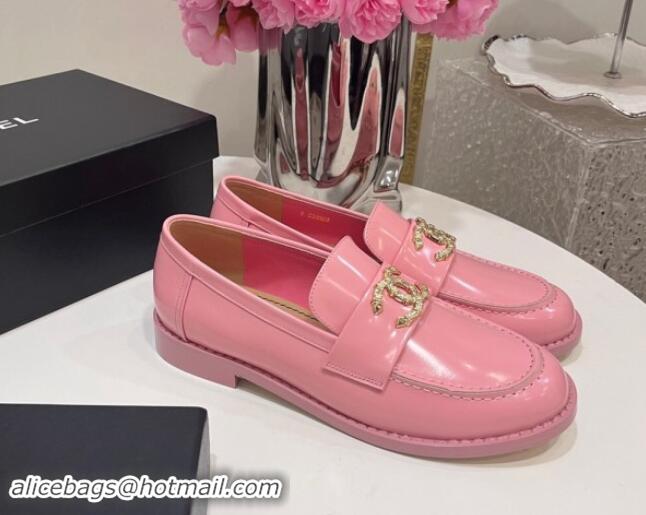 Best Price Chanel Patent Calfskin Loafers with Strass CC Pink 1017056