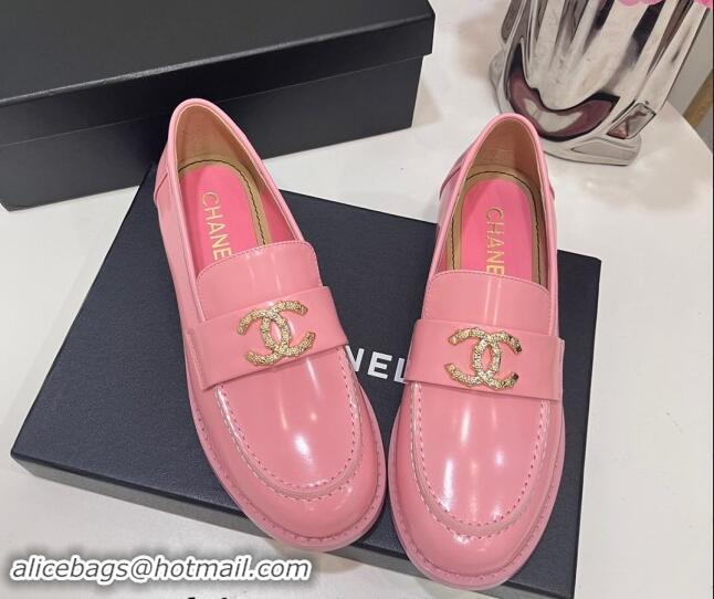 Best Price Chanel Patent Calfskin Loafers with Strass CC Pink 1017056