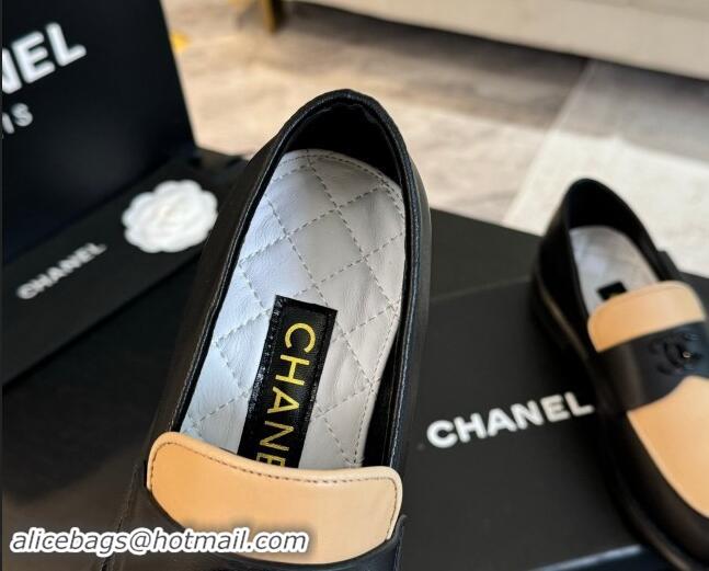 Pretty Style Chanel Patchwork Calfskin Loafers with Black Strass CC Beige/Black 1017057