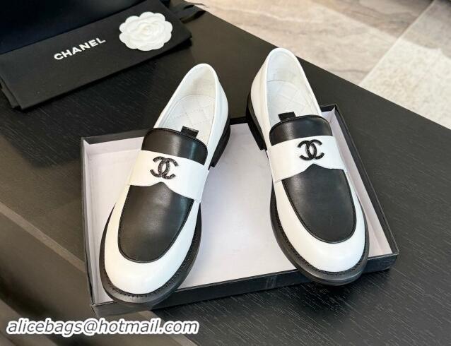 Durable Chanel Patchwork Calfskin Loafers with Black Strass CC White/Black 1017059