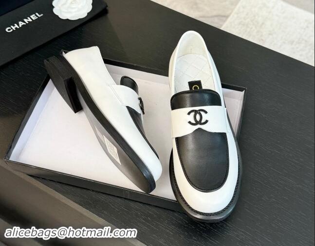 Durable Chanel Patchwork Calfskin Loafers with Black Strass CC White/Black 1017059