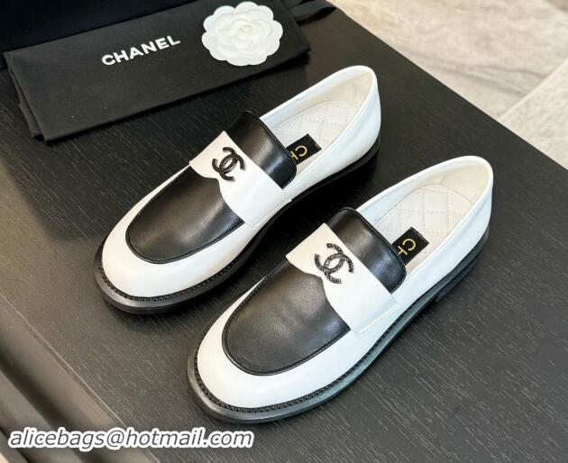 Durable Chanel Patchwork Calfskin Loafers with Black Strass CC White/Black 1017059