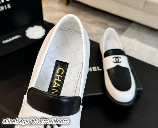 Durable Chanel Patchwork Calfskin Loafers with Black Strass CC White/Black 1017059