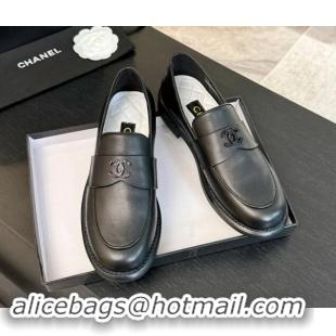 Grade Chanel Calfskin Loafers with Black Strass CC Black Leather 1017060