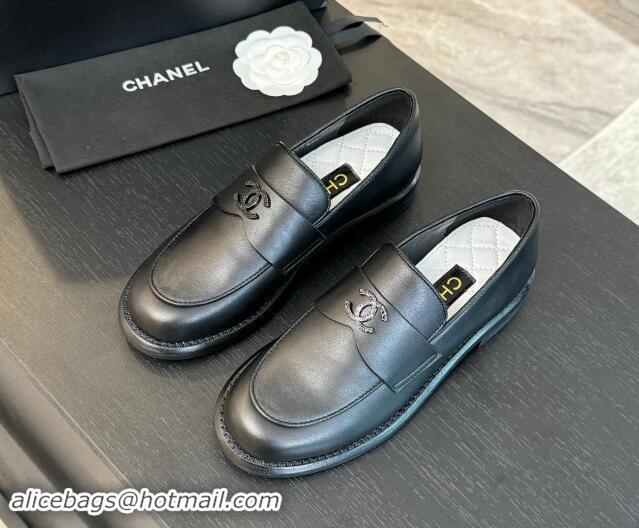 Grade Chanel Calfskin Loafers with Black Strass CC Black Leather 1017060