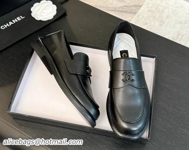 Grade Chanel Calfskin Loafers with Black Strass CC Black Leather 1017060