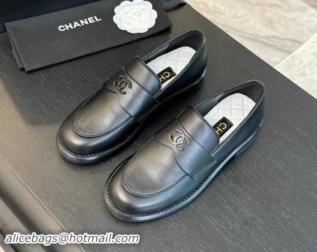 Grade Chanel Calfskin Loafers with Black Strass CC Black Leather 1017060