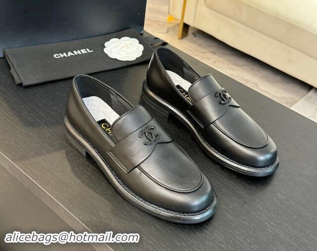 Grade Chanel Calfskin Loafers with Black Strass CC Black Leather 1017060