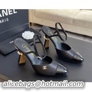 Original Cheap Chanel Patent Calfskin & Grosgrain Open Back Pumps 8.5cm with Strass and Pearls Black/Gold 1017061