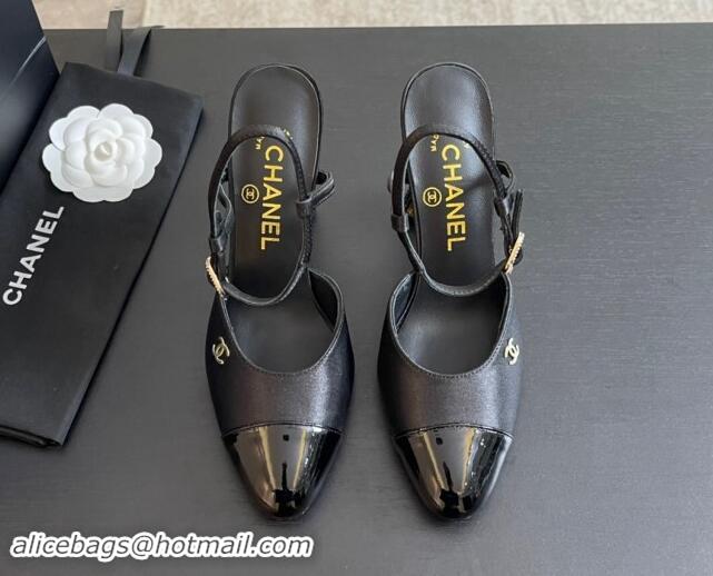 Original Cheap Chanel Patent Calfskin & Grosgrain Open Back Pumps 8.5cm with Strass and Pearls Black/Gold 1017061