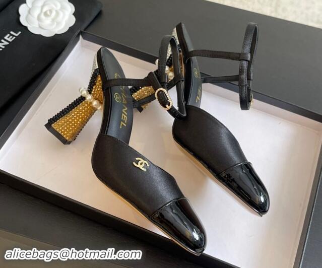 Original Cheap Chanel Patent Calfskin & Grosgrain Open Back Pumps 8.5cm with Strass and Pearls Black/Gold 1017061