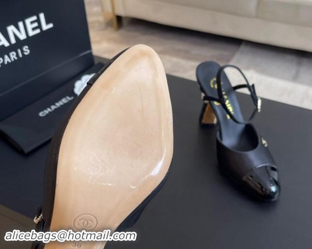 Original Cheap Chanel Patent Calfskin & Grosgrain Open Back Pumps 8.5cm with Strass and Pearls Black/Gold 1017061