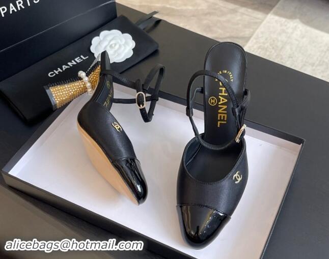 Original Cheap Chanel Patent Calfskin & Grosgrain Open Back Pumps 8.5cm with Strass and Pearls Black/Gold 1017061