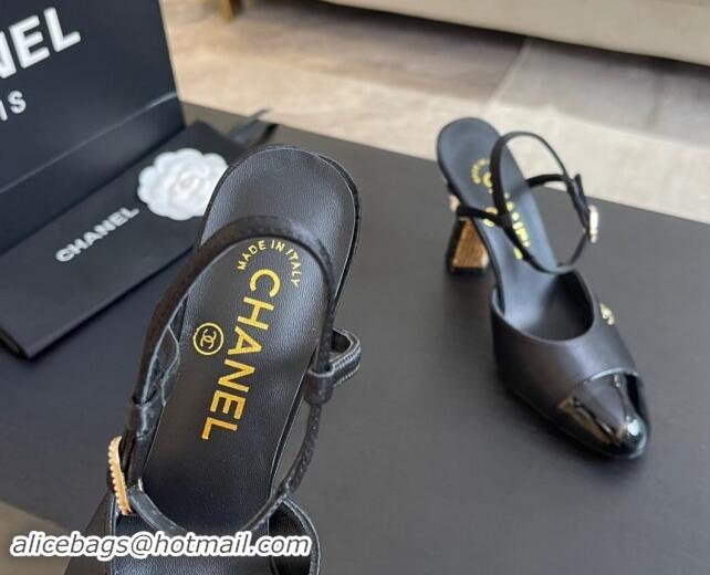 Original Cheap Chanel Patent Calfskin & Grosgrain Open Back Pumps 8.5cm with Strass and Pearls Black/Gold 1017061