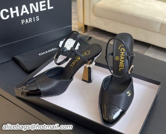 Original Cheap Chanel Patent Calfskin & Grosgrain Open Back Pumps 8.5cm with Strass and Pearls Black/Gold 1017061