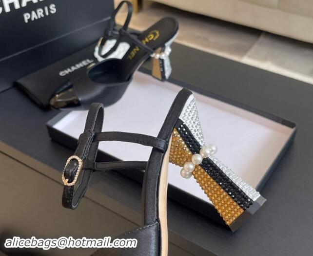 Original Cheap Chanel Patent Calfskin & Grosgrain Open Back Pumps 8.5cm with Strass and Pearls Black/Gold 1017061