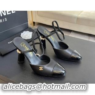 Most Popular Chanel Patent Calfskin & Grosgrain Open Back Pumps 8.5cm with Strass and Pearls Black 1017062