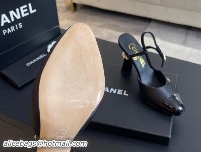 Most Popular Chanel Patent Calfskin & Grosgrain Open Back Pumps 8.5cm with Strass and Pearls Black 1017062