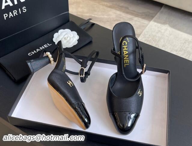 Most Popular Chanel Patent Calfskin & Grosgrain Open Back Pumps 8.5cm with Strass and Pearls Black 1017062