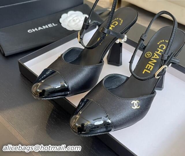 Most Popular Chanel Patent Calfskin & Grosgrain Open Back Pumps 8.5cm with Strass and Pearls Black 1017062