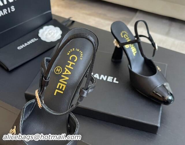 Most Popular Chanel Patent Calfskin & Grosgrain Open Back Pumps 8.5cm with Strass and Pearls Black 1017062