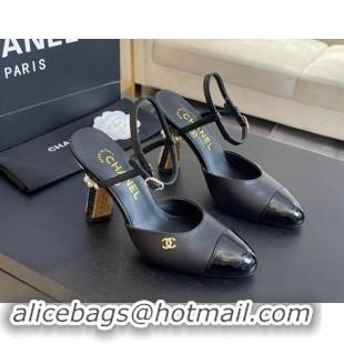 Hot Style Chanel Patent Leather & Calfskin Open Back Pumps 8.5cm with Strass and Pearls Black/Gold 1017063