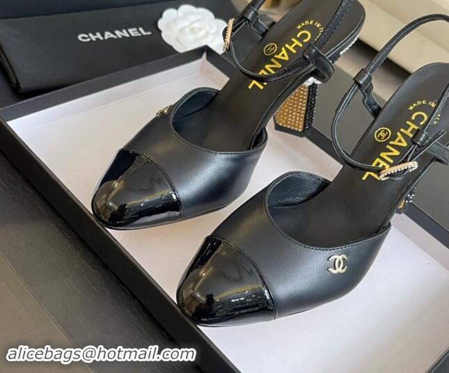 Hot Style Chanel Patent Leather & Calfskin Open Back Pumps 8.5cm with Strass and Pearls Black/Gold 1017063