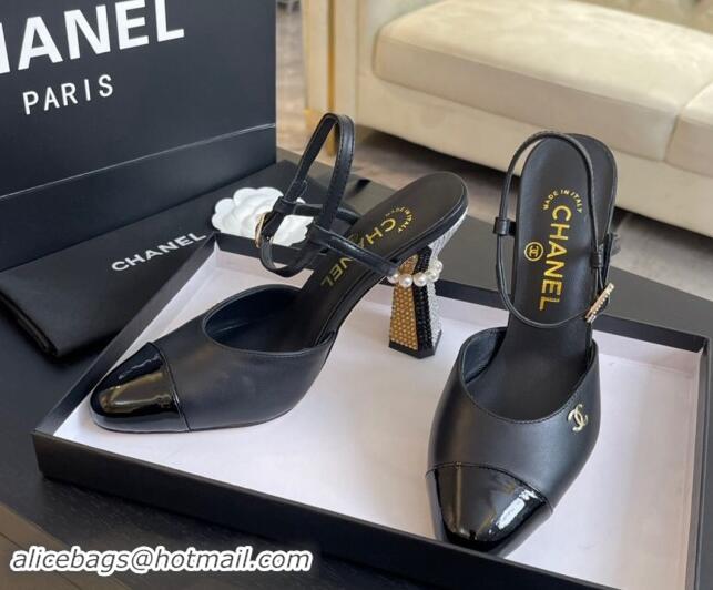 Hot Style Chanel Patent Leather & Calfskin Open Back Pumps 8.5cm with Strass and Pearls Black/Gold 1017063