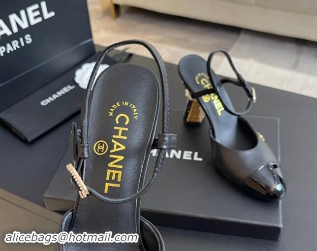 Hot Style Chanel Patent Leather & Calfskin Open Back Pumps 8.5cm with Strass and Pearls Black/Gold 1017063