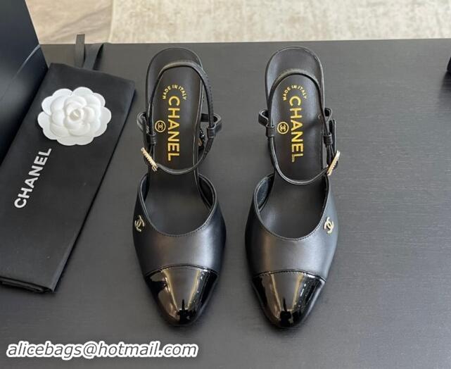 Hot Style Chanel Patent Leather & Calfskin Open Back Pumps 8.5cm with Strass and Pearls Black/Gold 1017063