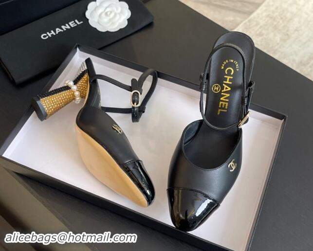 Hot Style Chanel Patent Leather & Calfskin Open Back Pumps 8.5cm with Strass and Pearls Black/Gold 1017063