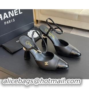 Stylish Chanel Patent Leather & Calfskin Open Back Pumps 8.5cm with Strass and Pearls Black 1017064