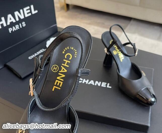 Stylish Chanel Patent Leather & Calfskin Open Back Pumps 8.5cm with Strass and Pearls Black 1017064