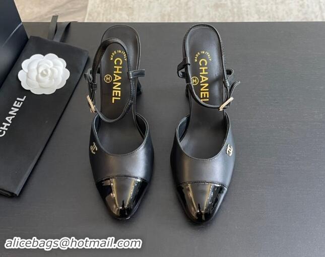 Stylish Chanel Patent Leather & Calfskin Open Back Pumps 8.5cm with Strass and Pearls Black 1017064