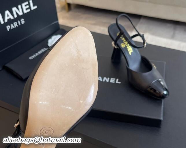 Stylish Chanel Patent Leather & Calfskin Open Back Pumps 8.5cm with Strass and Pearls Black 1017064