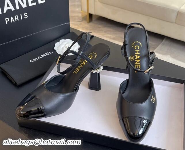 Stylish Chanel Patent Leather & Calfskin Open Back Pumps 8.5cm with Strass and Pearls Black 1017064