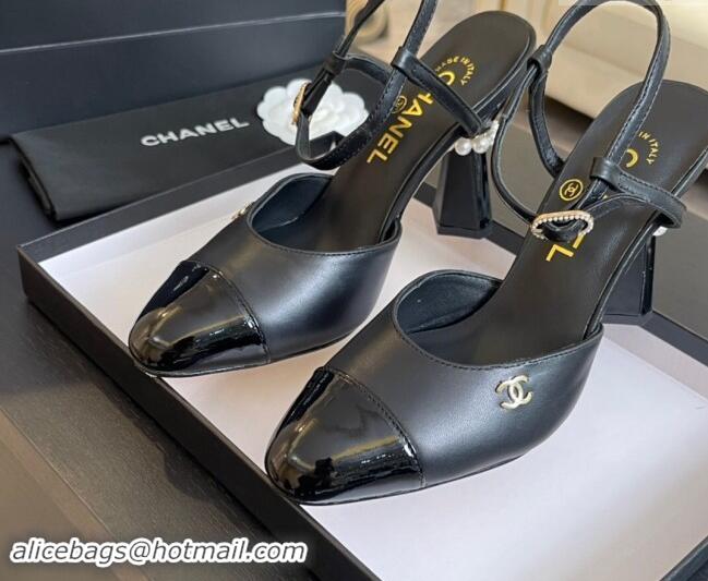 Stylish Chanel Patent Leather & Calfskin Open Back Pumps 8.5cm with Strass and Pearls Black 1017064