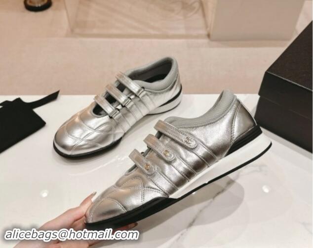 Unique Style Chanel Quilted Lambskin Sneakers with trible Straps Silver 1017067