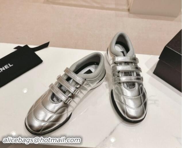 Unique Style Chanel Quilted Lambskin Sneakers with trible Straps Silver 1017067